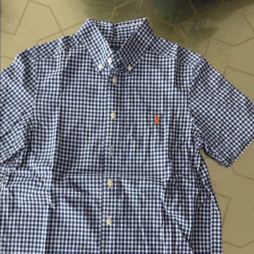 Ralph Lauren Navy and White Gingham Short-Sleeve Button-Down Shirt